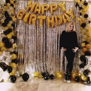 Happy Birthday Letter Foil Balloon Set of Gold + 2Pcs Silver Fringe Curtain (3 X 6 Feet) + Pack of 240 pcs Metallic Balloons (Black, Gold and Silver) + 6 Pcs Star Foil Balloon