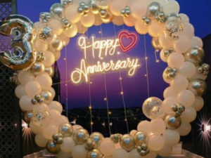Luxury White & Gold Balloon Ring Anniversary Decoration with Neon Sign