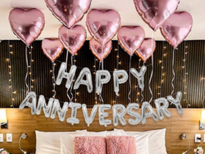 Romantic Rose Gold Anniversary Bedroom Decoration with Heart Balloons | Happy Anniversary Setup