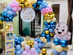 Customized Baby Shower Ring Balloon Decoration with Name Board, Baby Cutout & Gold Accents | Baby Shower