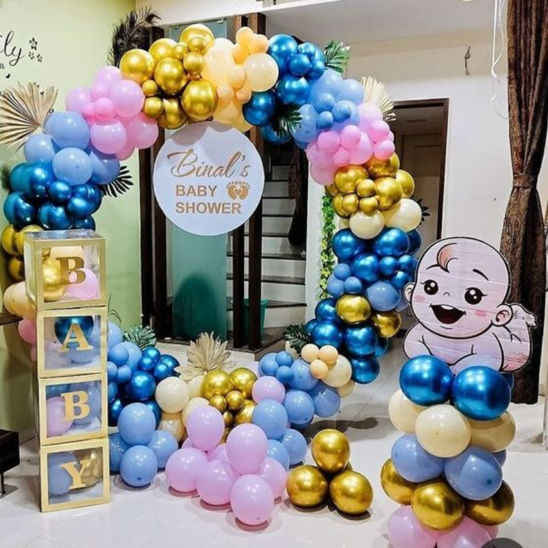 Customized Baby Shower Ring Balloon Decoration with Name Board, Baby Cutout & Gold Accents | Baby Shower