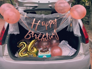 Rose Gold Car Boot Birthday Surprise Decoration with Cake & Balloons | JMD Events Gwalior