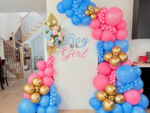 Boy or Girl Gender Reveal Balloon Decoration with Pink, Blue & Gold Theme Backdrop | Baby Shower