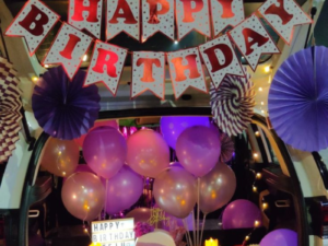 Purple Theme Car Boot Birthday Surprise Decoration with Balloons, Lights & Cake | JMD Events Gwalior
