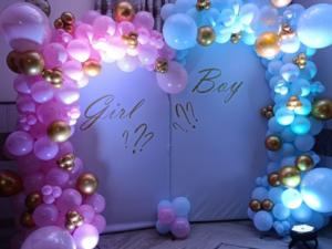 Luxury Boy or Girl Gender Reveal Decoration with LED Balloon Arch & Gold Accents | Baby Shower