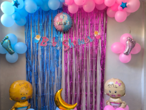 Baby Shower & Gender Reveal Decoration with Pink & Blue Balloons, Shimmer Curtain & Baby Foil Balloons