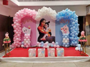 Grand Baby Shower Stage Decoration with Girl & Boy Balloon Arches and Customized Center Backdrop