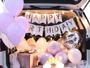 Pastel Purple & White Car Boot Birthday Surprise Decoration with Gifts & Fairy Lights | JMD Events Gwalior