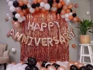 Rose Gold Happy Anniversary Balloon Backdrop Decoration with Fringe Curtain & Balloon Arch