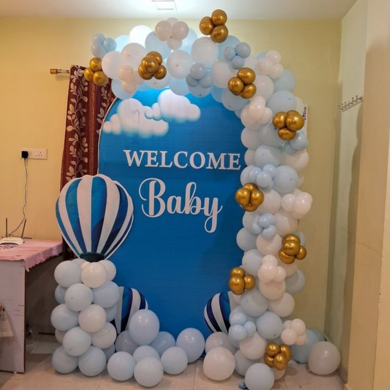 Welcome Baby Blue & Gold Balloon Arch with Hot Air Balloon Theme Backdrop