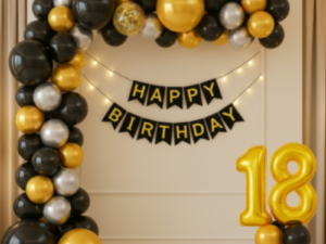 Luxury Black & Gold 18th Birthday Balloon Arch Decoration with Happy Birthday Banner
