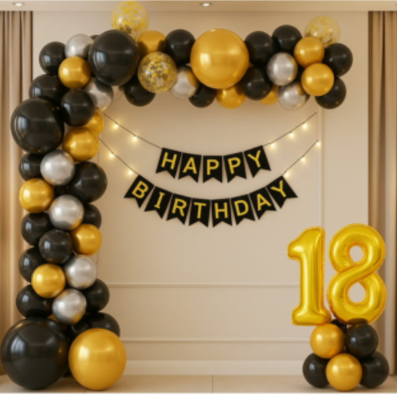 Luxury Black & Gold 18th Birthday Balloon Arch Decoration with Happy Birthday Banner