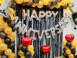 Premium Gold Black Anniversary Balloon Decoration with Silver Foil Letters | Happy Anniversary Setup