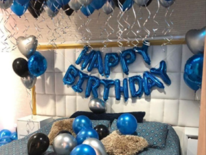 Luxury Blue, Black & Silver Birthday Room Decoration with Ceiling Balloons