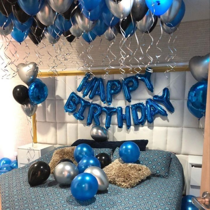 Luxury Blue, Black & Silver Birthday Room Decoration with Ceiling Balloons