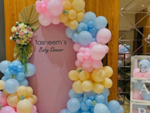 Custom Name Baby Shower Backdrop Decoration with Pastel Balloon Arch & Floral Accents