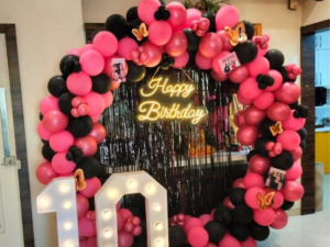 Pink & Black Ring Balloon Decoration with LED “Happy Birthday” & Light-Up 10 Numbers
