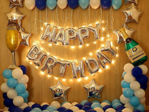 Blue & White Birthday Decoration with Champagne Theme – Premium LED Balloon Backdrop