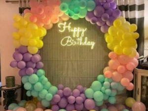 Pastel Balloon Ring Birthday Decoration with LED Happy Birthday Neon Light – Premium Circle Arch Setup
