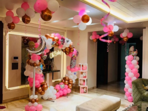 Pink & White Baby Shower Balloon Decoration with “Oh Baby” Theme – Premium Arch & Pillar Setup
