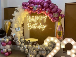 Premium Pink & Silver Birthday Decoration with LED Neon Light & Marquee Numbers – Elegant Arch Setup