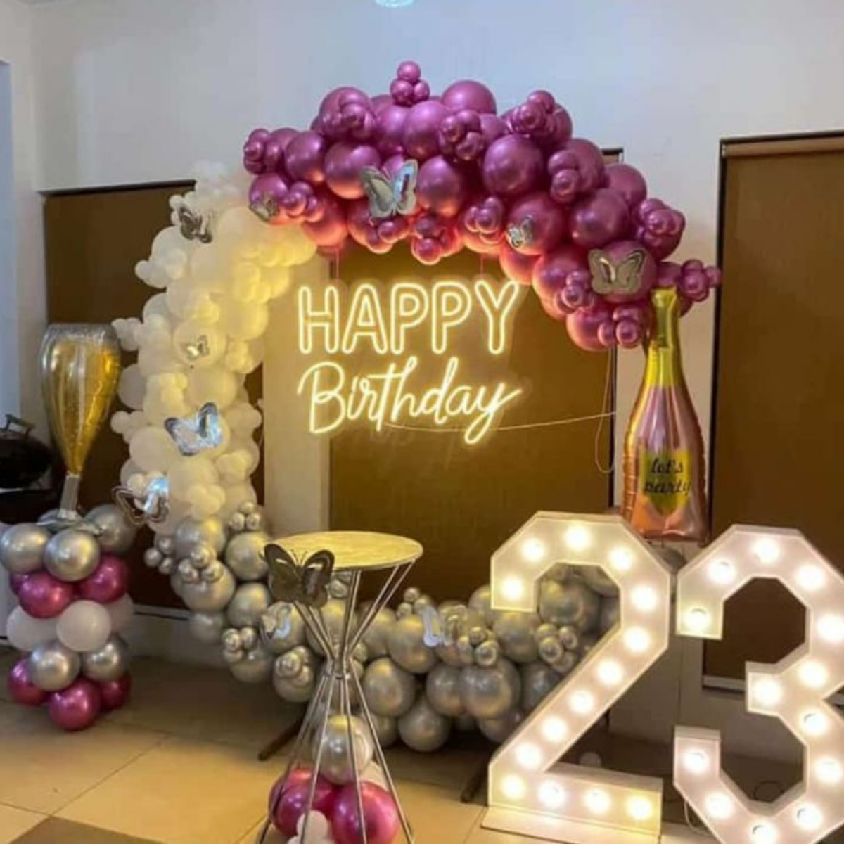 Premium Pink & Silver Birthday Decoration with LED Neon Light & Marquee Numbers – Elegant Arch Setup