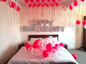 Romantic Red & White Anniversary Bedroom Decoration with Ceiling Balloons | Happy Anniversary Setup