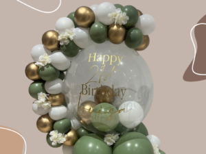 Luxury Green & Gold Balloon Arrangement with Bubble Balloon | Happy 21st Birthday Décor