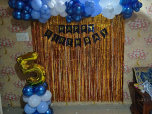 Blue & White Balloon Birthday Backdrop with Golden Fringe Curtain & Age Number – Kids Party Decoration