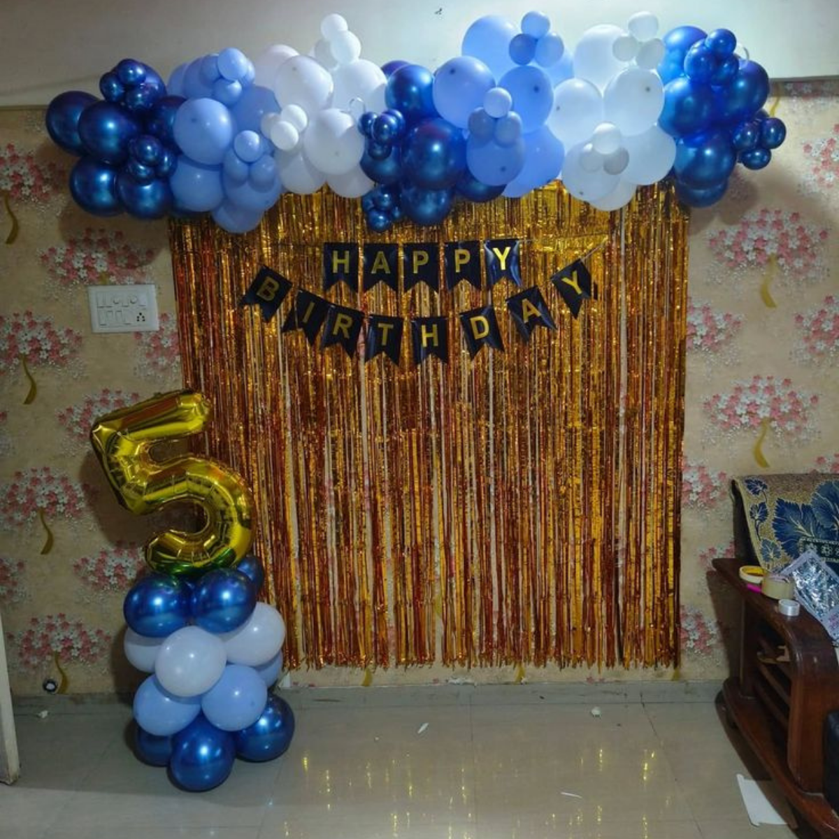 Blue & White Balloon Birthday Backdrop with Golden Fringe Curtain & Age Number – Kids Party Decoration