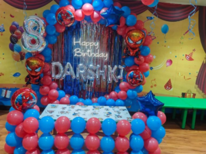 Spiderman Theme Birthday Decoration with Custom Name & Blue & Red Balloon Ring Setup