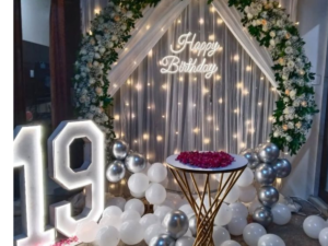 Elegant White & Silver Floral Birthday Backdrop Decoration – LED Ring Setup