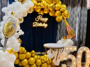 Golden & White Luxury Birthday Backdrop Decoration – 50th Milestone Celebration Setup