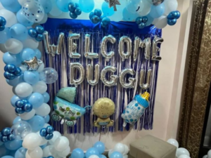 Baby Boy Welcome Decoration – Blue & White Balloon Backdrop Setup with Name (Welcome Theme)
