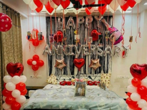 Romantic Red & White Happy Anniversary Bedroom Decoration with Balloons & Foil Letters