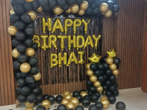 Black & Gold Birthday Decoration for Bhai – Premium Balloon Backdrop Setup
