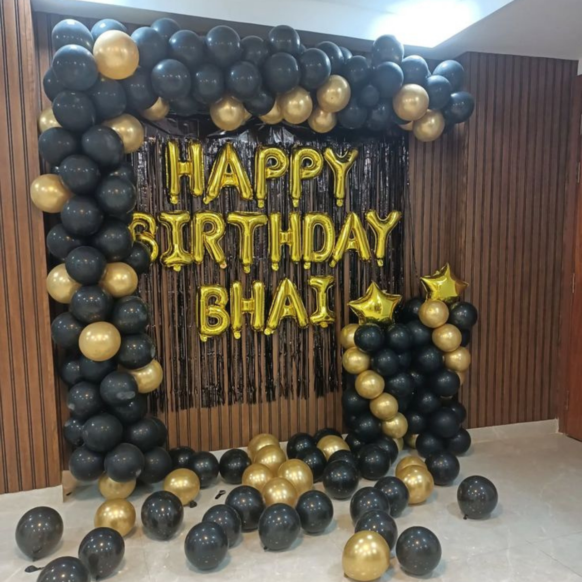 Black & Gold Birthday Decoration for Bhai – Premium Balloon Backdrop Setup