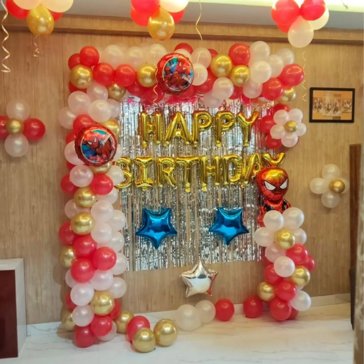 Spiderman Theme Birthday Balloon Decoration | Red White Gold Party Setup for Kids