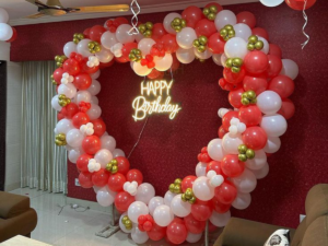 Elegant Heart Balloon Ring Decoration with Neon Happy Birthday | Red White Gold Theme