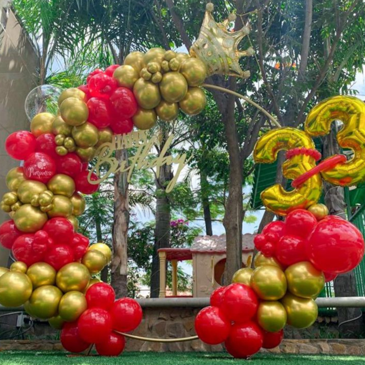 Luxury Red & Gold Balloon Ring Decoration with Crown Theme | Birthday Celebration Setup