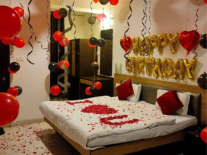 Romantic Happy Birthday Bedroom Decoration with Red & Black Balloons and Rose Petals