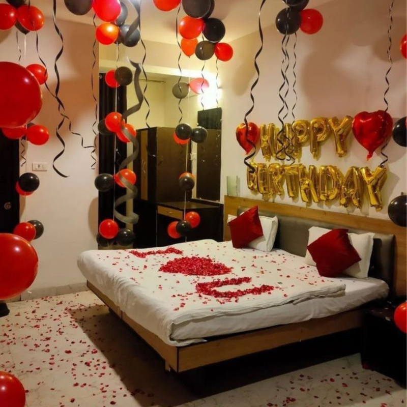 Romantic Happy Birthday Bedroom Decoration with Red & Black Balloons and Rose Petals