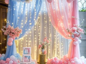 Luxury Baby Shower Backdrop Decoration with Pink & Blue Drapes, Fairy Lights & Floral Accents
