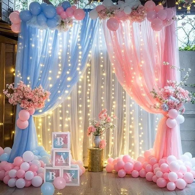 Luxury Baby Shower Backdrop Decoration with Pink & Blue Drapes, Fairy Lights & Floral Accents