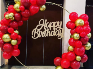Red & Gold Circular Balloon Arch Birthday Decoration with Happy Birthday Sign