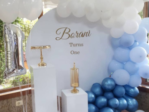 Elegant Baby Boy 1st Birthday Decoration with Blue & White Balloon Arch Backdrop