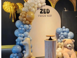 Luxury Baby Boy 1st Birthday Decoration with Custom Name Backdrop & Blue Balloon Arch