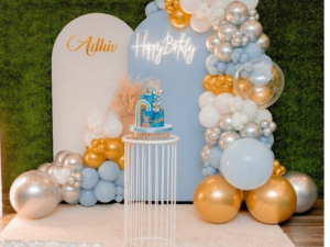 Luxury Blue, White & Gold Birthday Decoration with Custom Name Backdrop & Balloon Arch