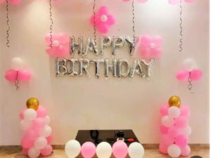Pink & White Birthday Balloon Decoration with Silver Happy Birthday Letters | Elegant Party Setup
