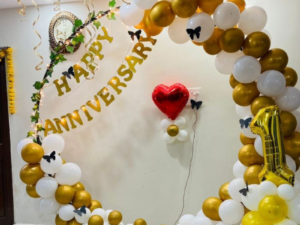 Golden & White Happy Anniversary Ring Balloon Decoration with Heart Foil & Number Balloon